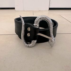 Black Leather Belt with Silver Snake Buckle